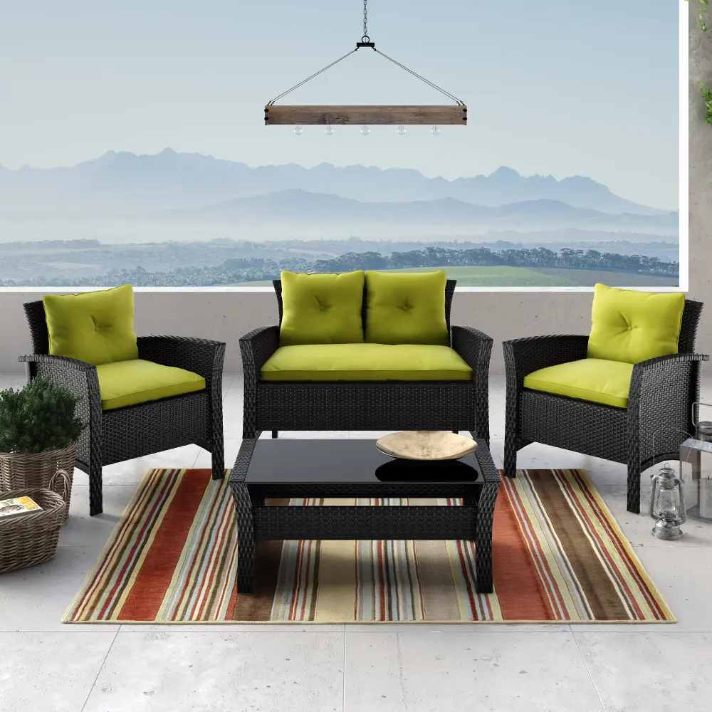 Cascade Black and Lime Green 4 Piece Wicker Furniture Set-1
