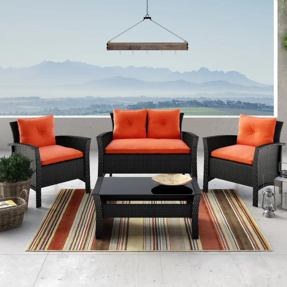Cascade Black and Orange 4 Piece Wicker Furniture Set-1