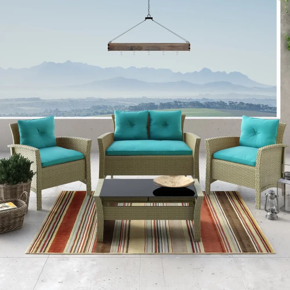 Gray and Turquoise 4 Piece Wicker Furniture Set - Cascade-1