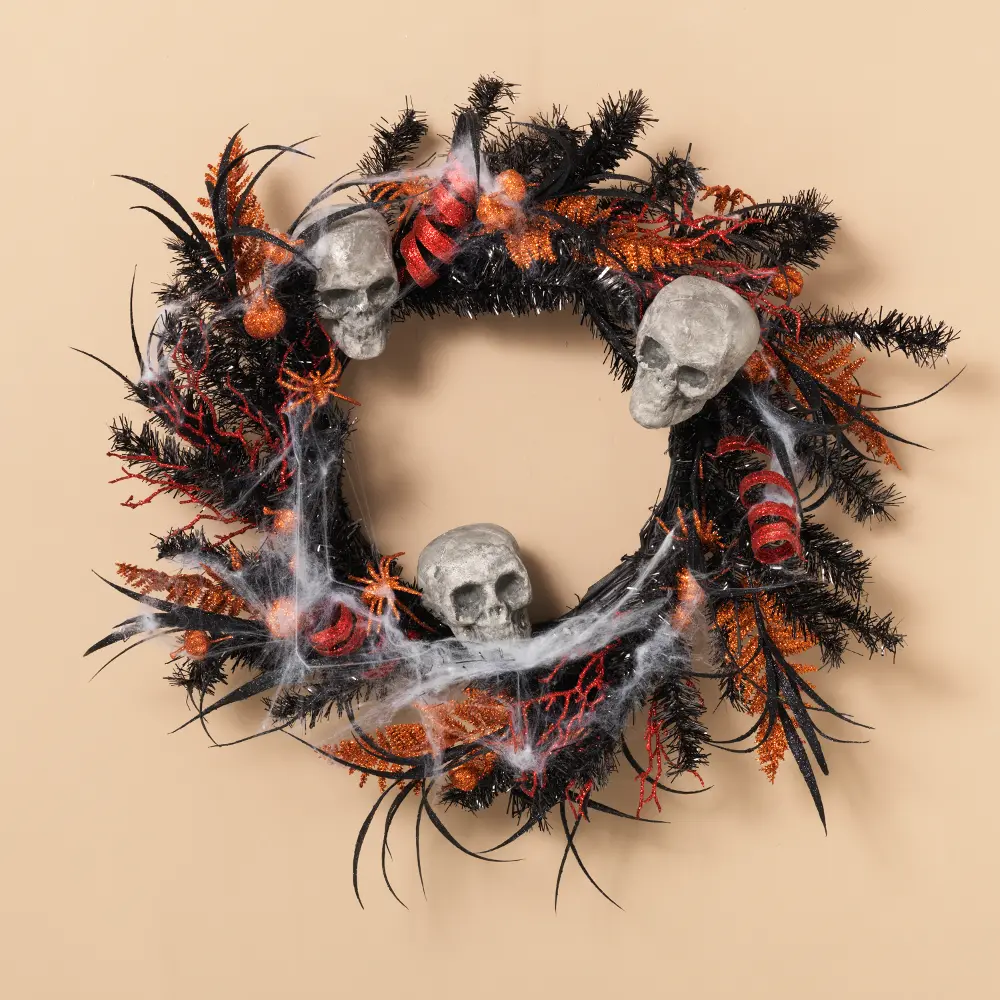 22 Inch Halloween Wreath with Skeleton, Skulls and Spiders-1