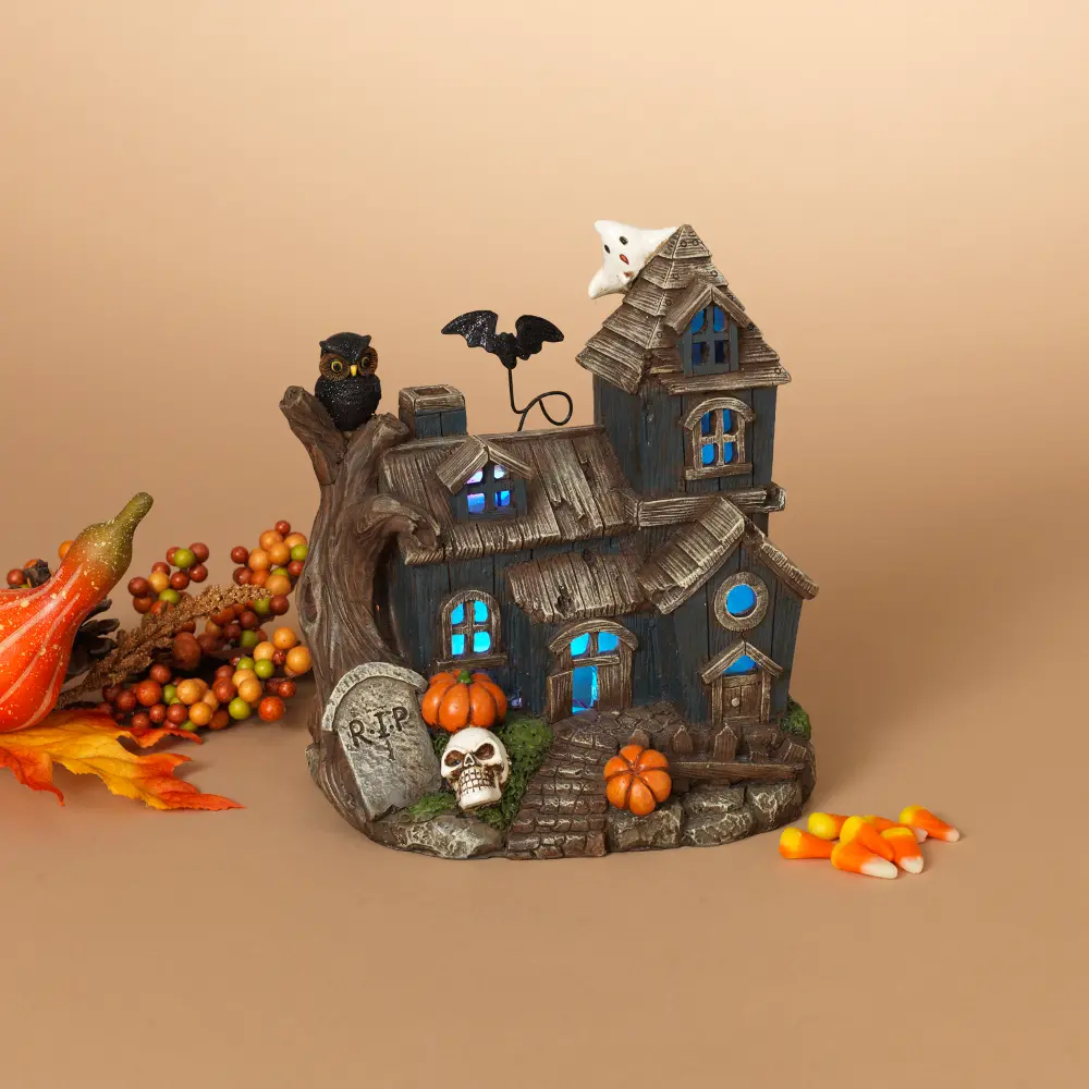 8 Inch Lighted Resin Haunted House-1