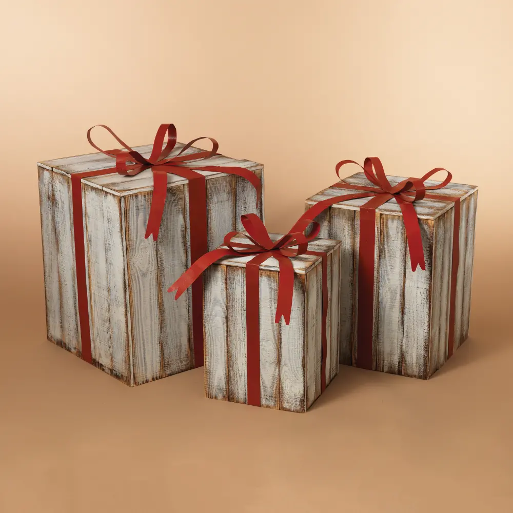 Set of 3 Wood Holiday Gift Boxes with Red Metal Bow-1