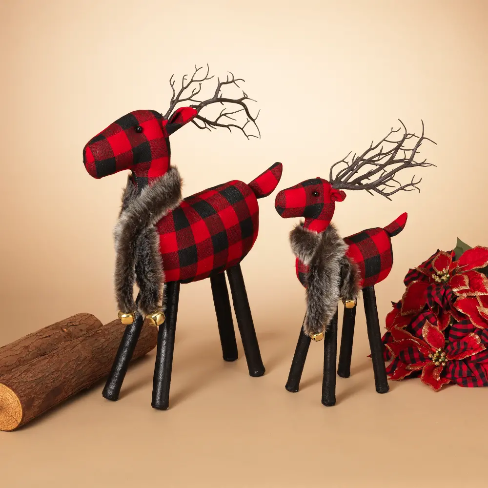 16 Inch Red and Black Plaid Plush Deer Figurine-1