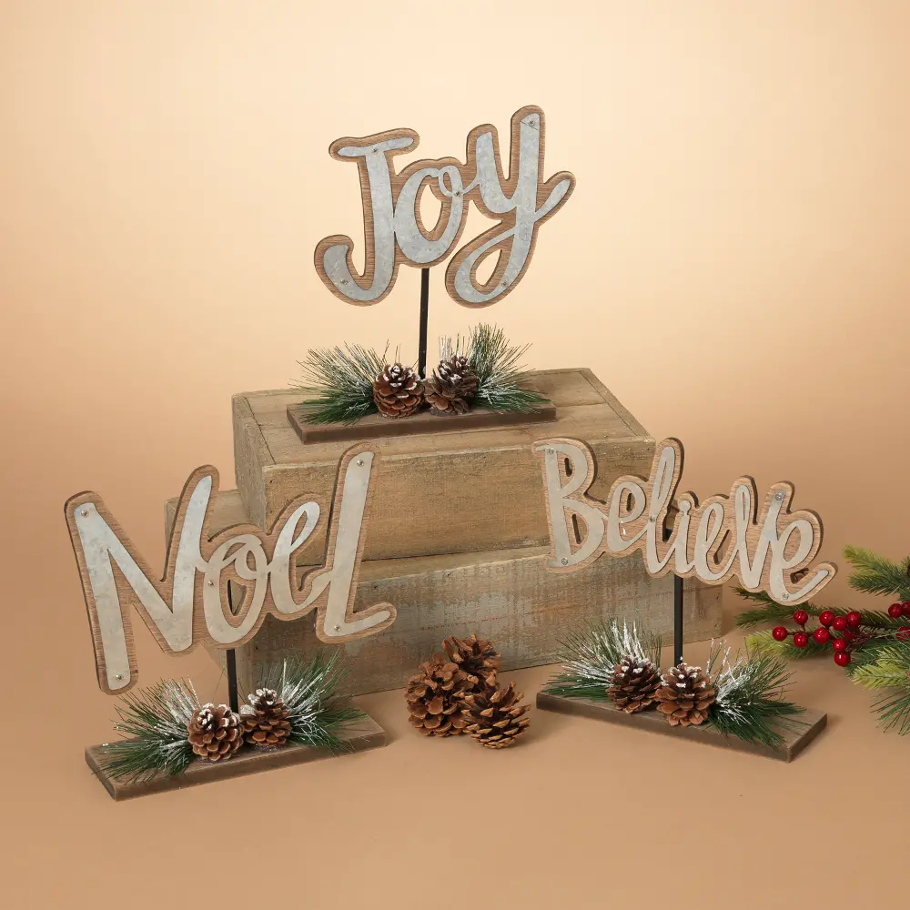 Assorted Wood Holiday Tabletop Sign with Pine Cone Accents-1