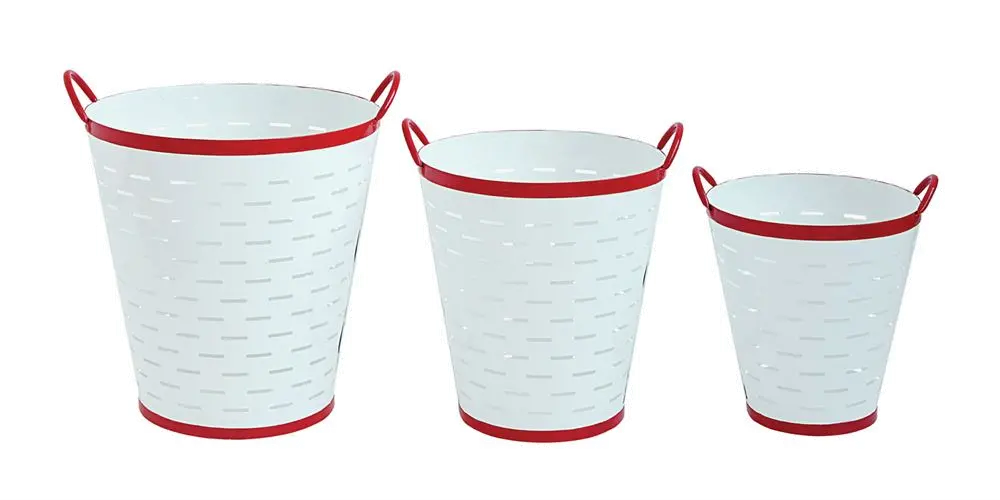 XM1984-M/3-MED 14 Inch White and Red Metal Olive Bucket with Handles-1