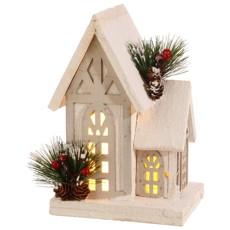 Decorate your tabletop with this 10-inch wooden cottage from RC Willey. This house lights up and has a timer. It will be the perfect addition to your holiday decor. Requires 3 AA Batteries (not included). Battery Operated with Timer 6 hour timer, repeats every 18 hours