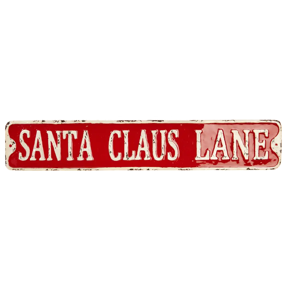Distressed Red and White Santa Claus Lane Metal Sign-1