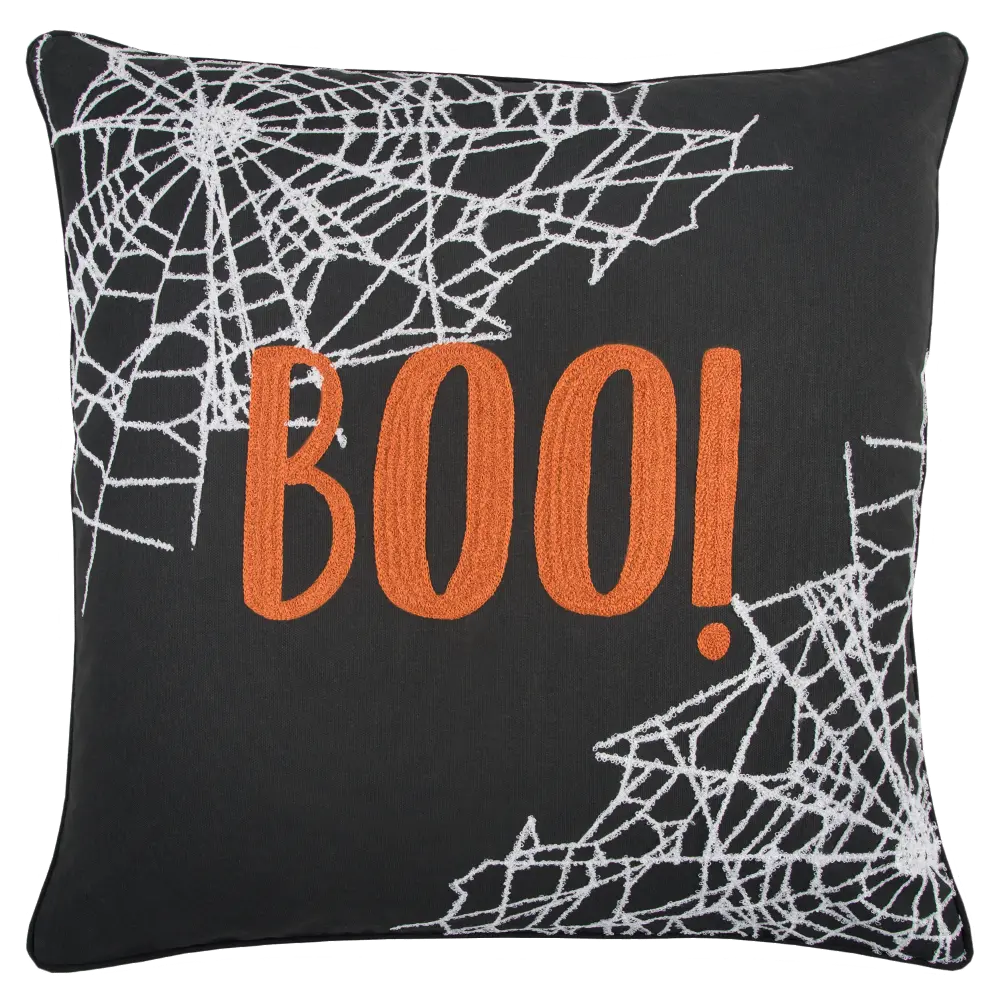Black and White Boo and Spider Web Halloween Throw Pillow-1