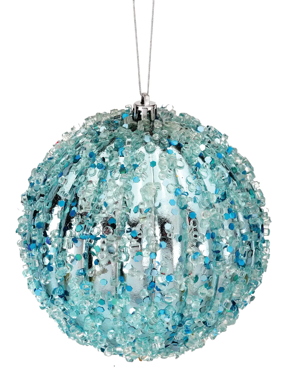 5 Inch Blue Metallic Ridge Iced Ball Ornament-1