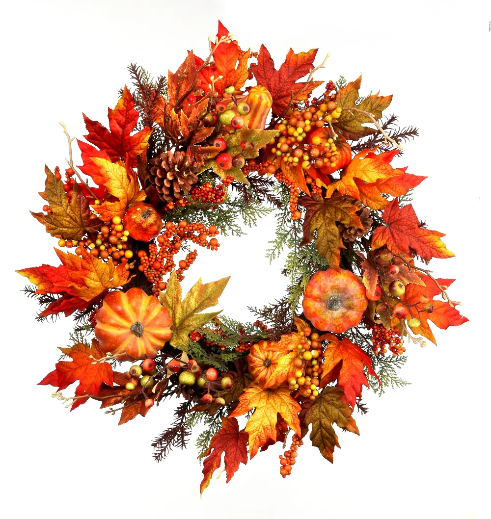 26 Inch Pumpkin, Gourd and Cedar Maple Leaf Wreath-1