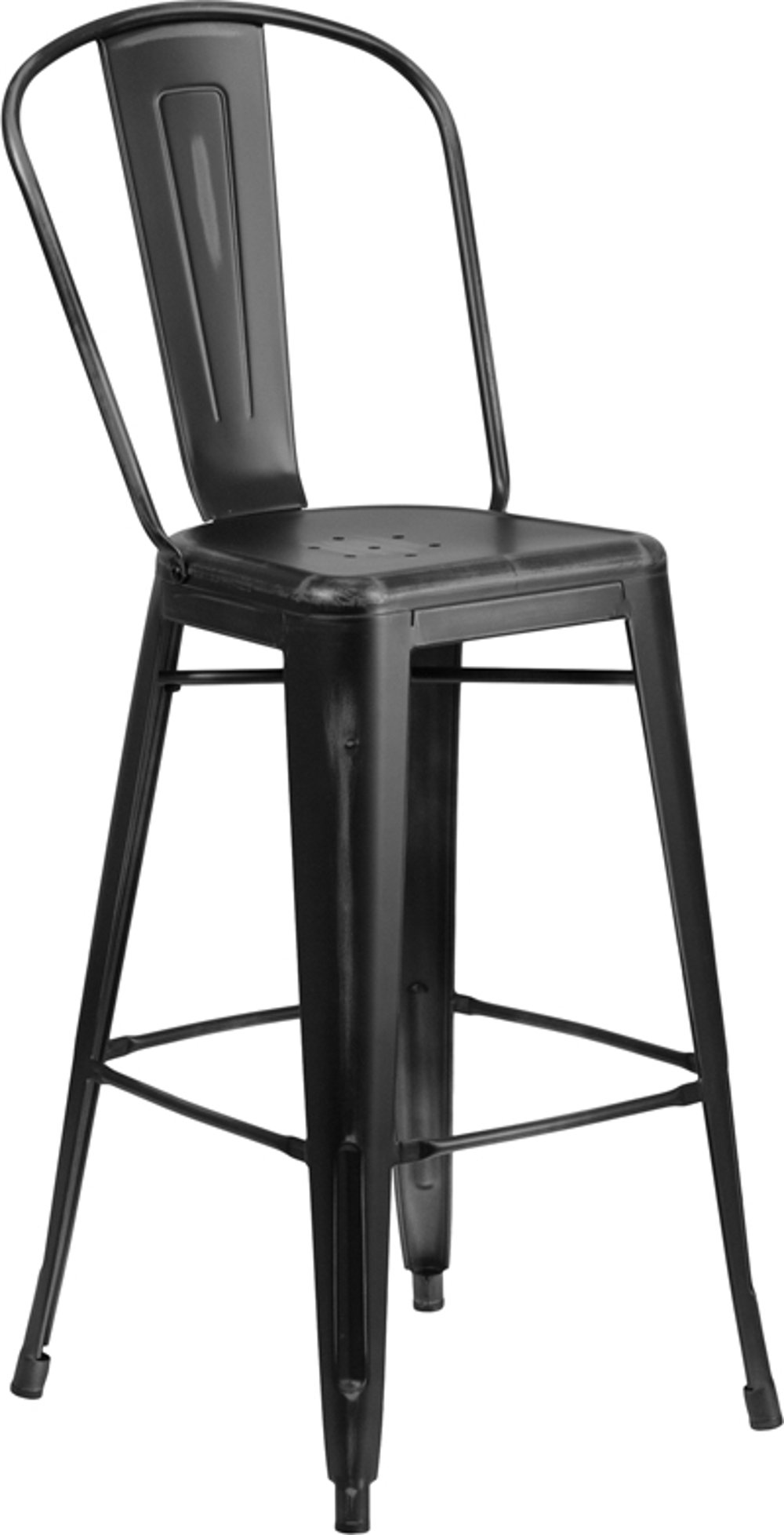 High Back 30 Distressed Black Metal Indoor-Outdoor Bar Stool