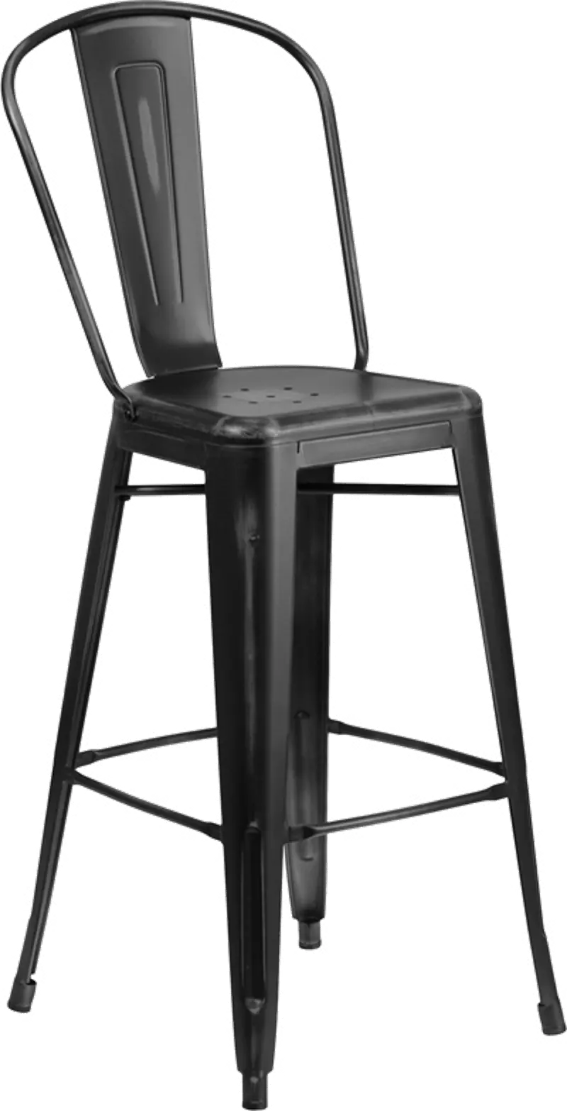 High Back 30 Distressed Black Metal, Outdoor Director Bar Stools With Backs