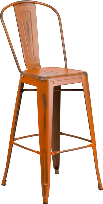 High Back 30 Distressed Orange Metal Indoor-Outdoor Barstool