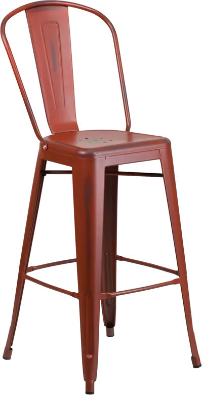 High Back 30 Distressed Kelly Red Metal Indoor-Outdoor Barstool