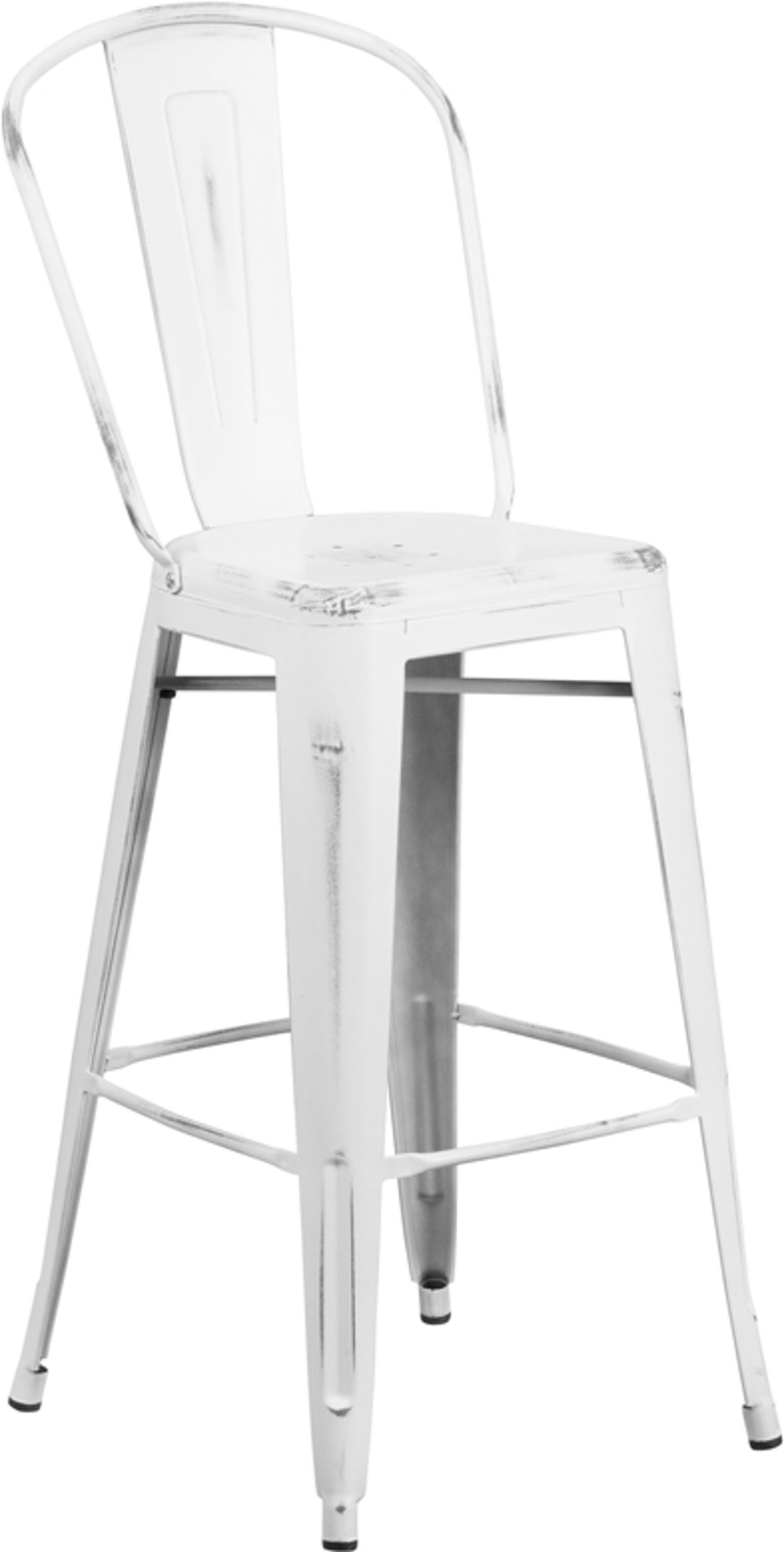 High Back 30 Distressed White Metal Indoor-Outdoor Barstool