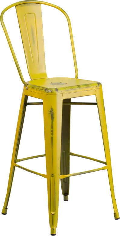 High Back 30 Distressed Yellow Metal Indoor-Outdoor Barstool