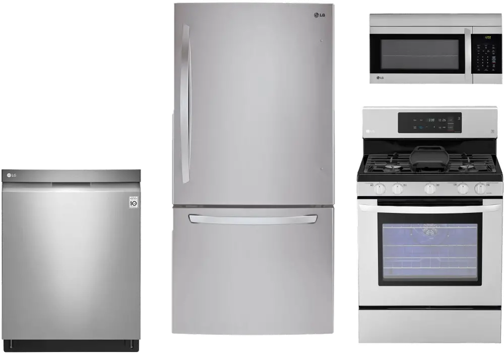 LG-33WBTM-S/S-GAS LG 4 Piece Gas Kitchen Appliance Package with Bottom Freezer Refrigerator - Stainless Steel-1