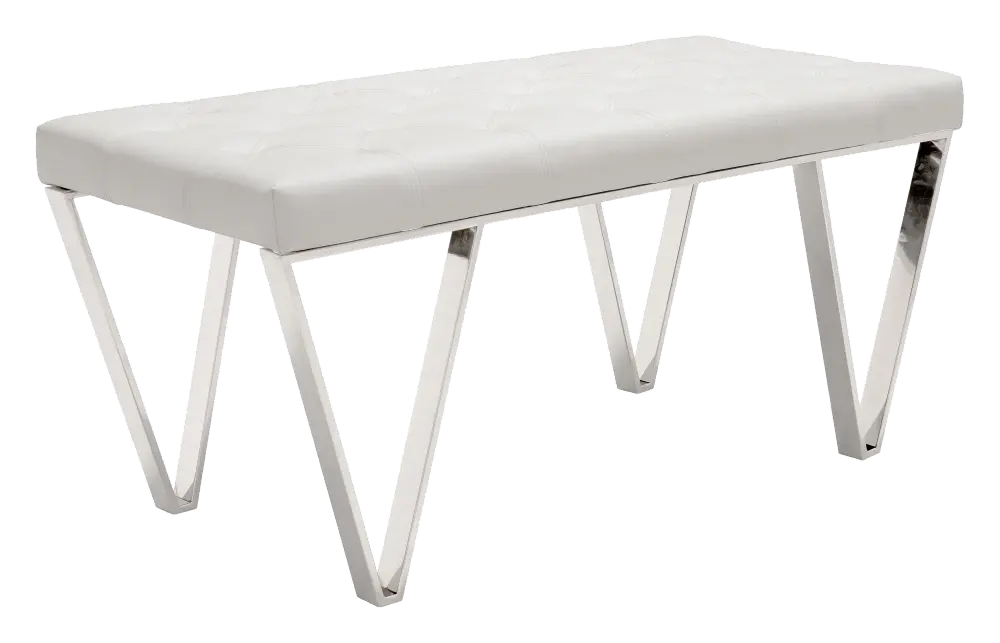 Modern White Faux Leatherette Bench with Steel Legs - Top-1