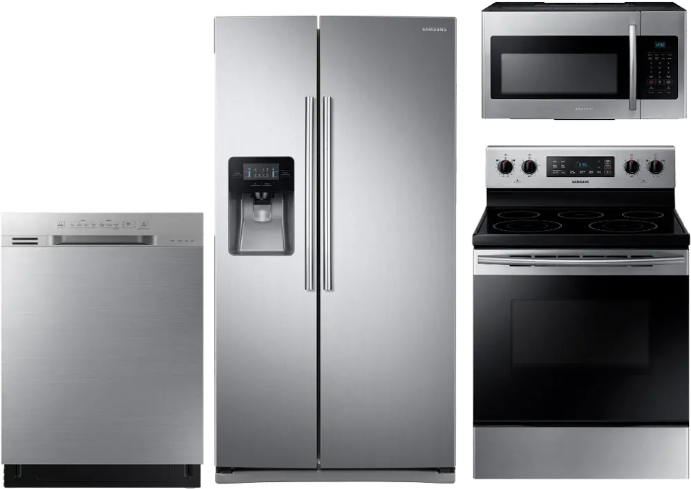 KIT Samsung 4 Piece Electric Kitchen Appliance Package with 25 cu. ft. Side by Side Refrigerator - Stainless Steel-1