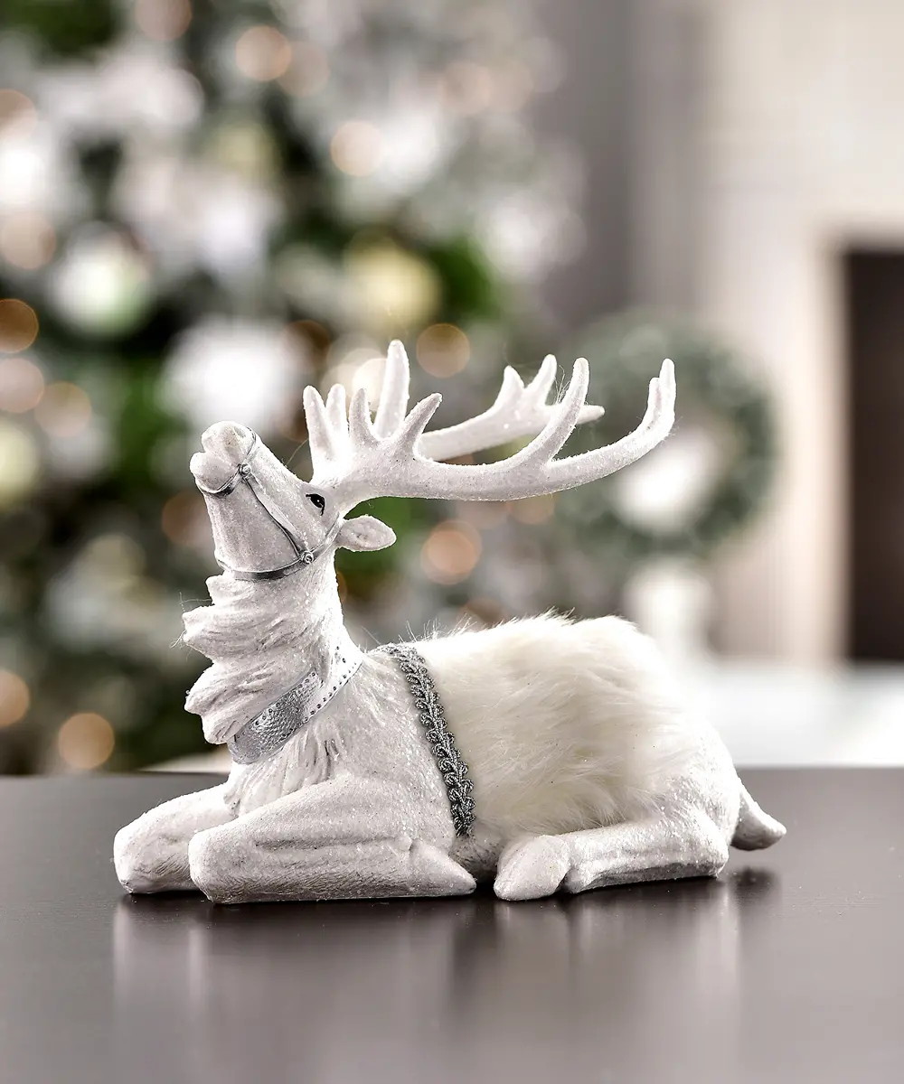 White Sitting Deer Figurine Winter Decor-1