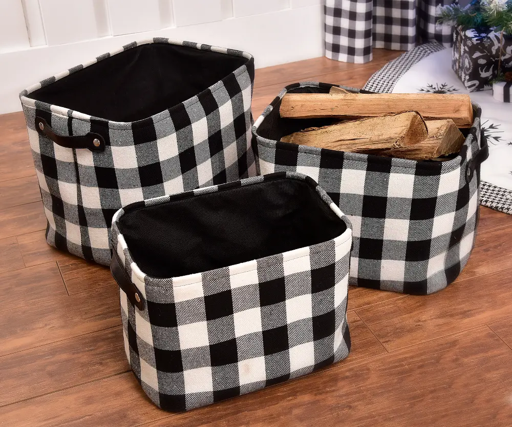 13 Inch Black and White Plaid Basket with Handles-1