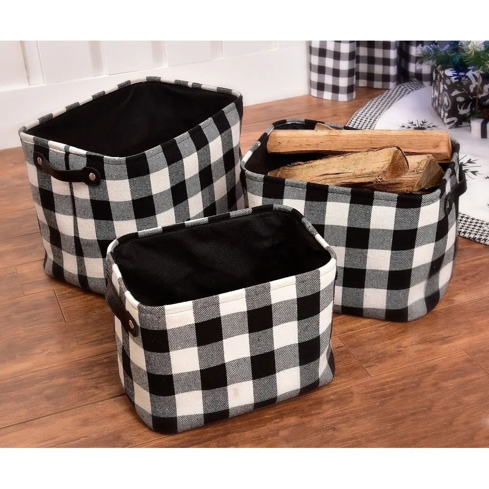 11 Inch Black and White Plaid Basket with Handles-1