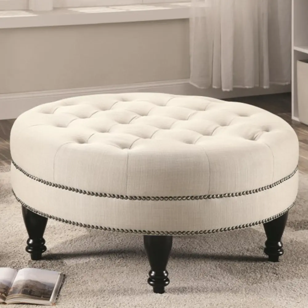 Traditional Oatmeal Linen Round Cocktail Ottoman - Accents-1