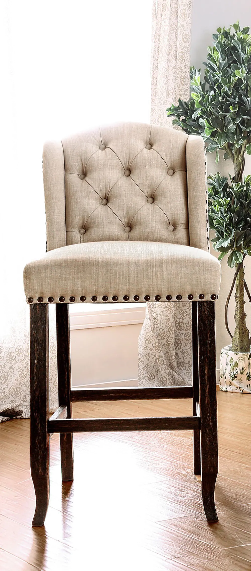 Beige Wingback Upholstered Counter Height Stool - Antique-1