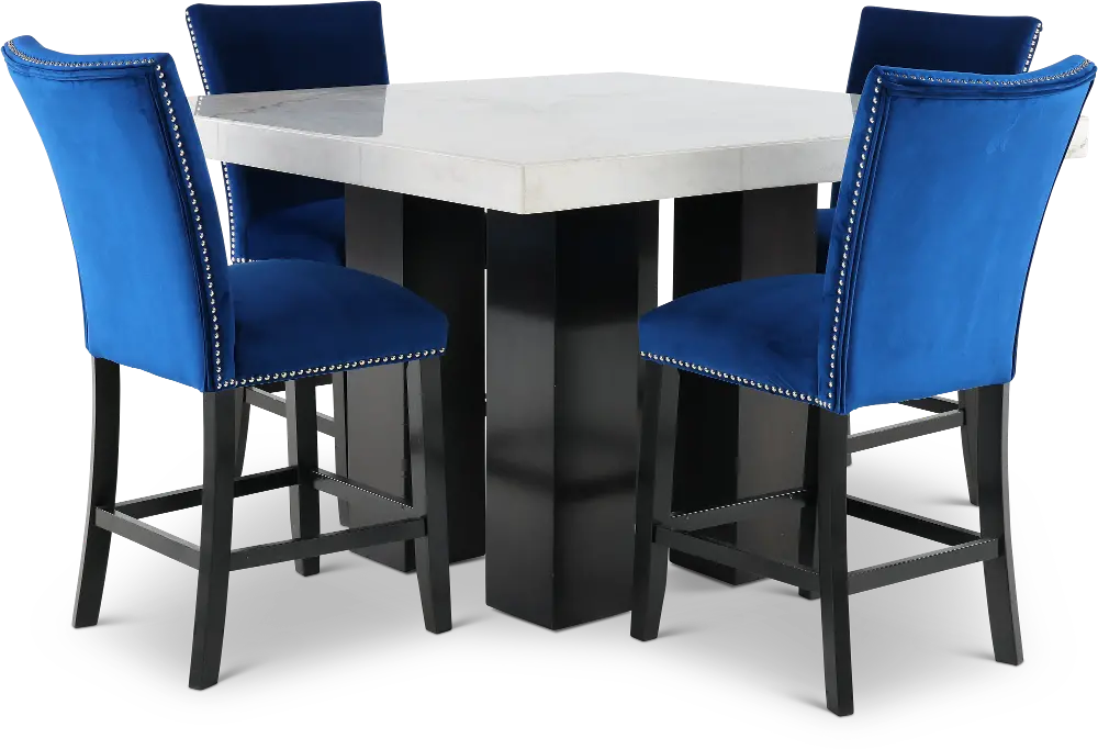 Camila Marble and Blue 5 Piece Counter Height Dining Set-1