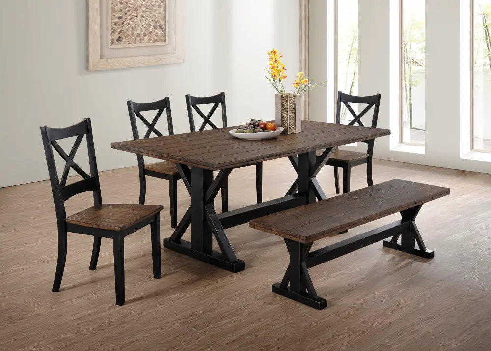 Brown and Black Farmhouse 6 Piece Dining Set with Bench - Lexington-1