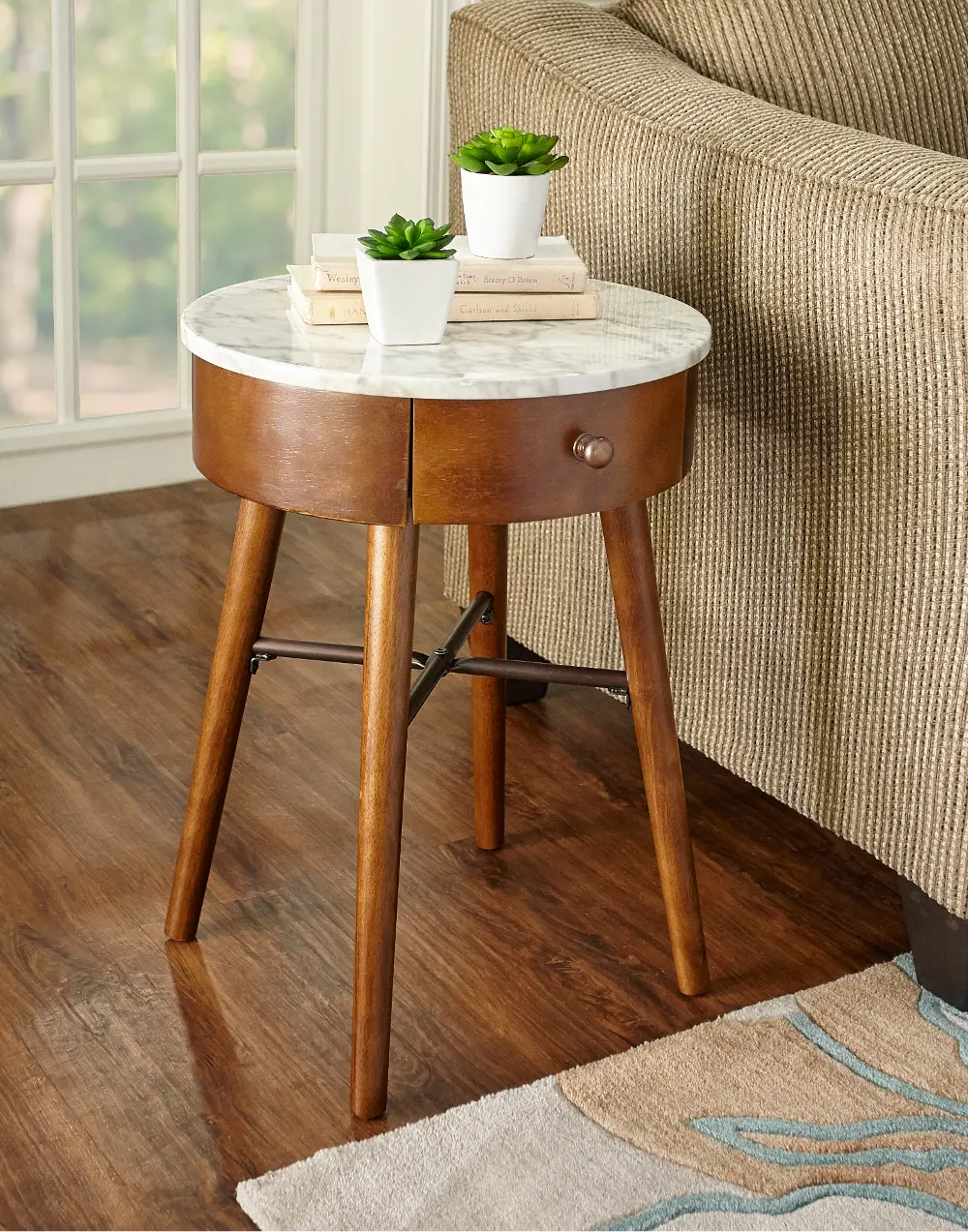 Retro Brown and Marble Round Accent Table - Holloway-1