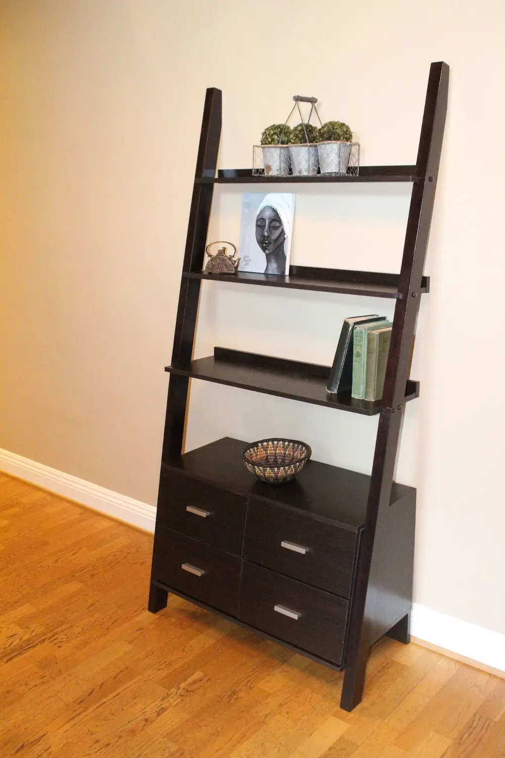 Leaning Ladder Modern Black Bookshelf with Drawers-1