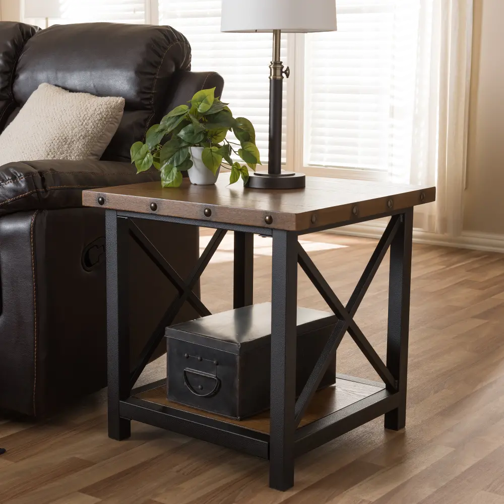131-7196-RCW Textured Industrial Black and Brown End Table - Herzen-1