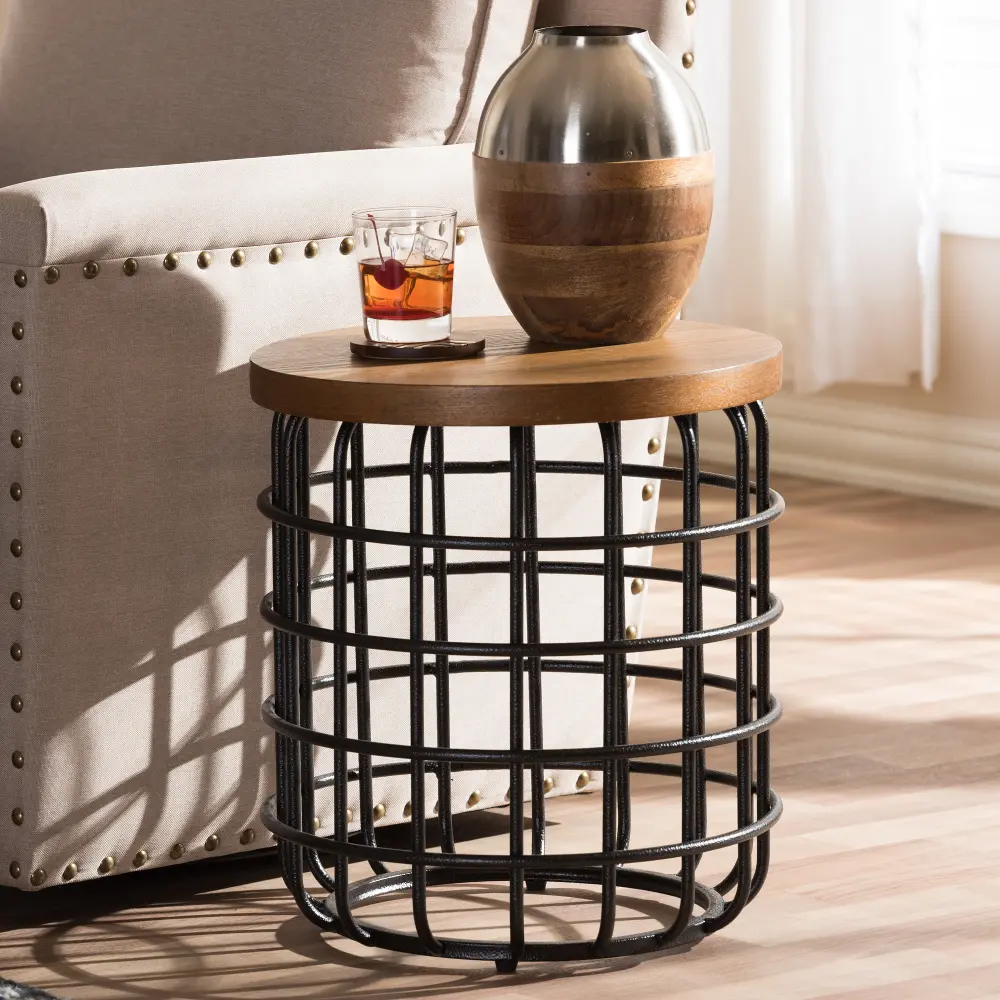 132-7212-RCW Industrial Caged Black and Brown End Table - Carie-1