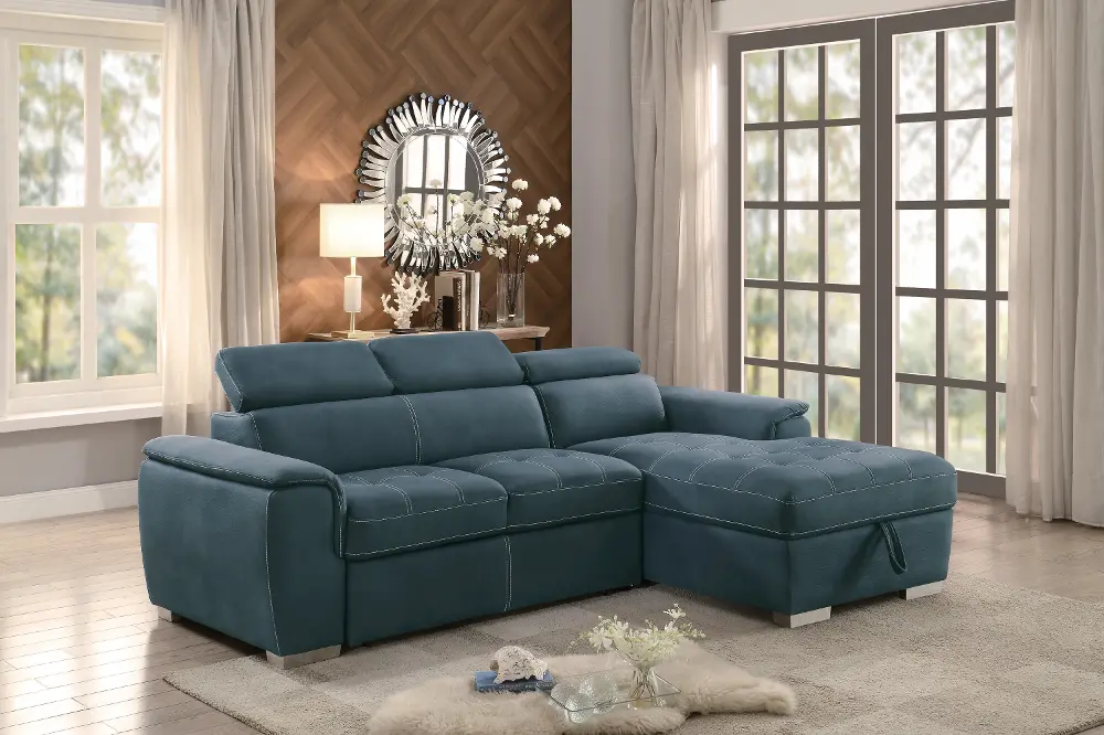 Ferriday Blue Sectional Sofa with Pullout Sofa Bed and Right-Side Storage Chaise-1
