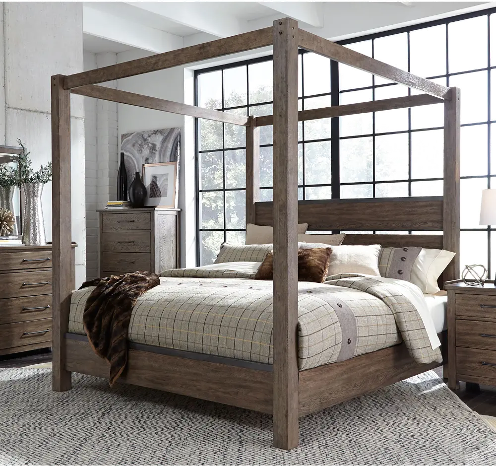 Modern Rustic Brown Queen Canopy Bed - Sonoma Road-1