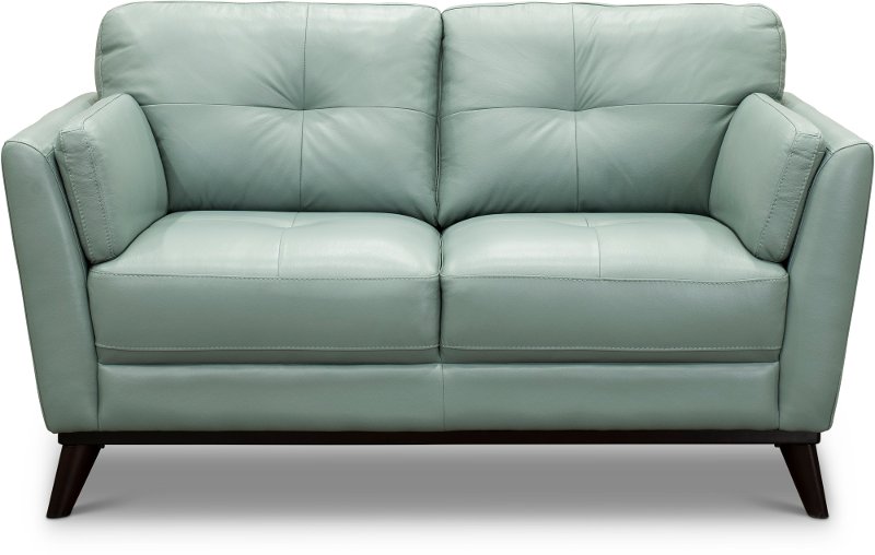 Modern Seafoam Green Leather Loveseat, Pale Blue Leather Sofa