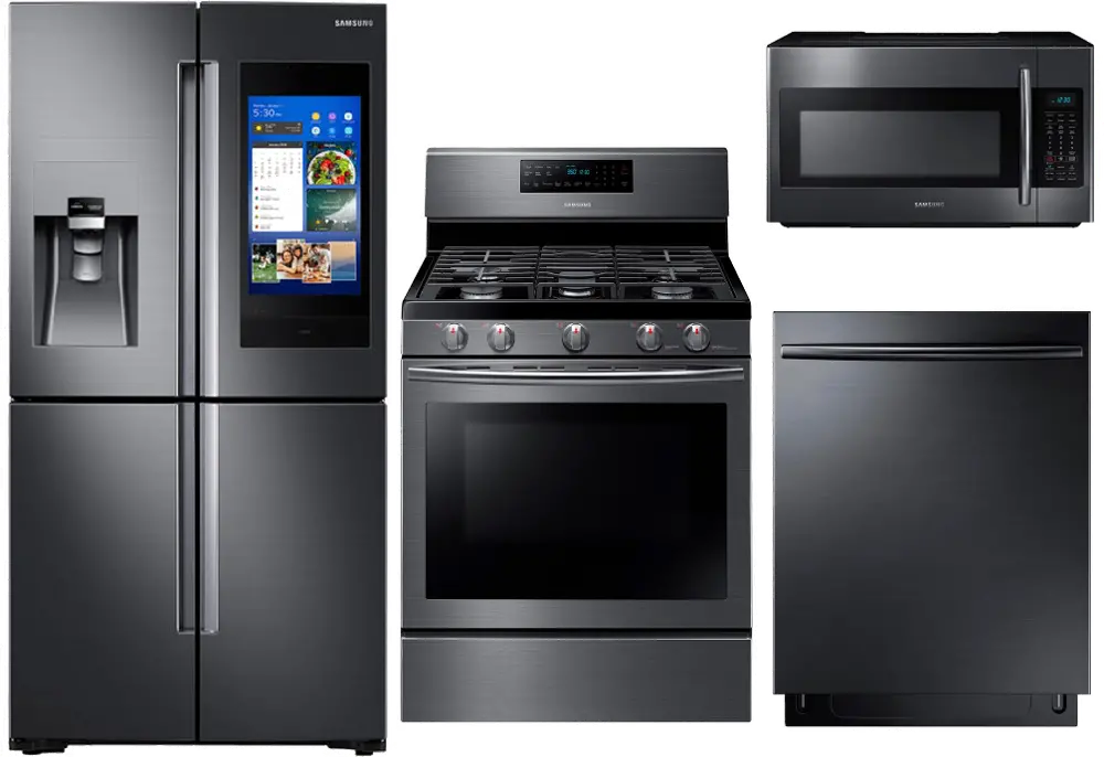 4PC-BSS-GAS PACKAGE Samsung 4 Piece Kitchen Appliance Package with Gas Range and FamilyHub Refrigerator - Black Stainless Steel -1