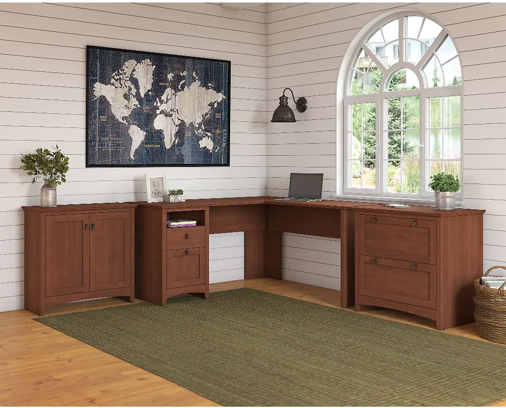 BUV039SC Light Cherry L Shaped Desk with Lateral File Cabinet and Storage Cabinet - Buena Vista-1