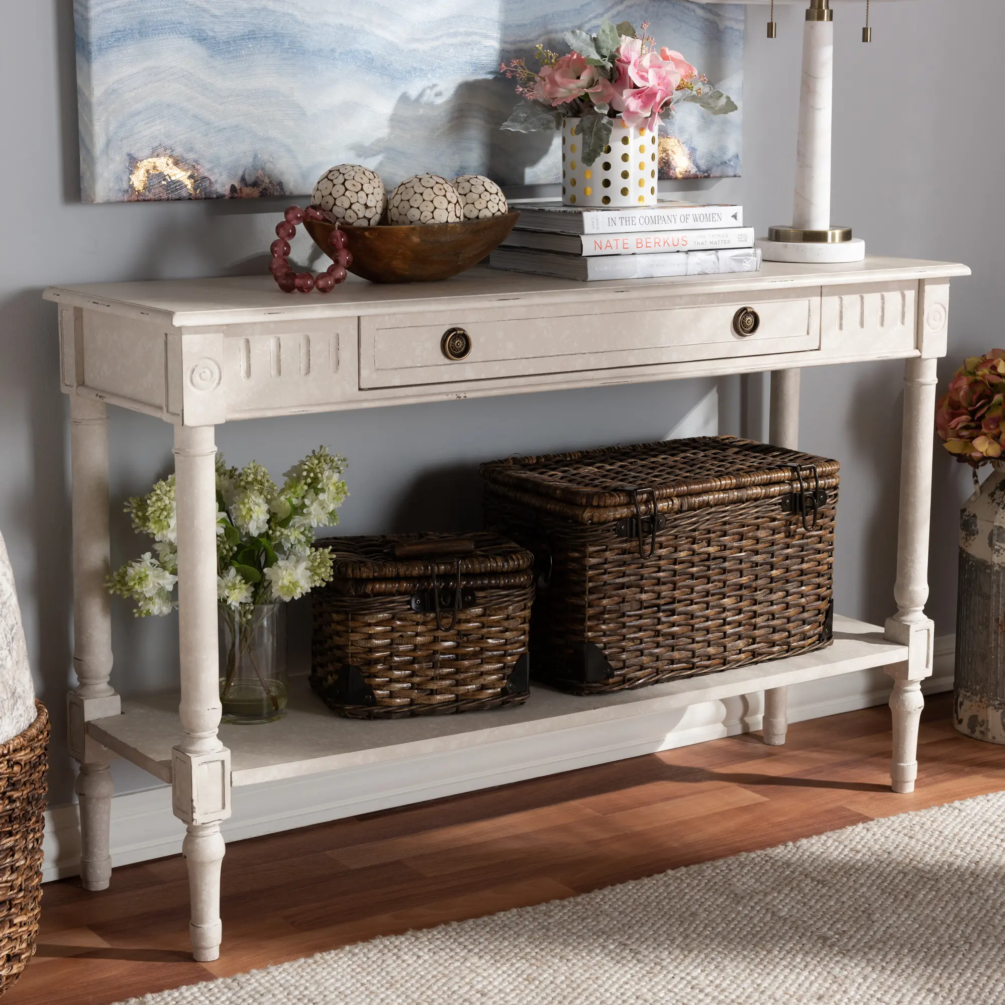 Country Cottage Whitewashed 1-Drawer Console Table - Ariella
