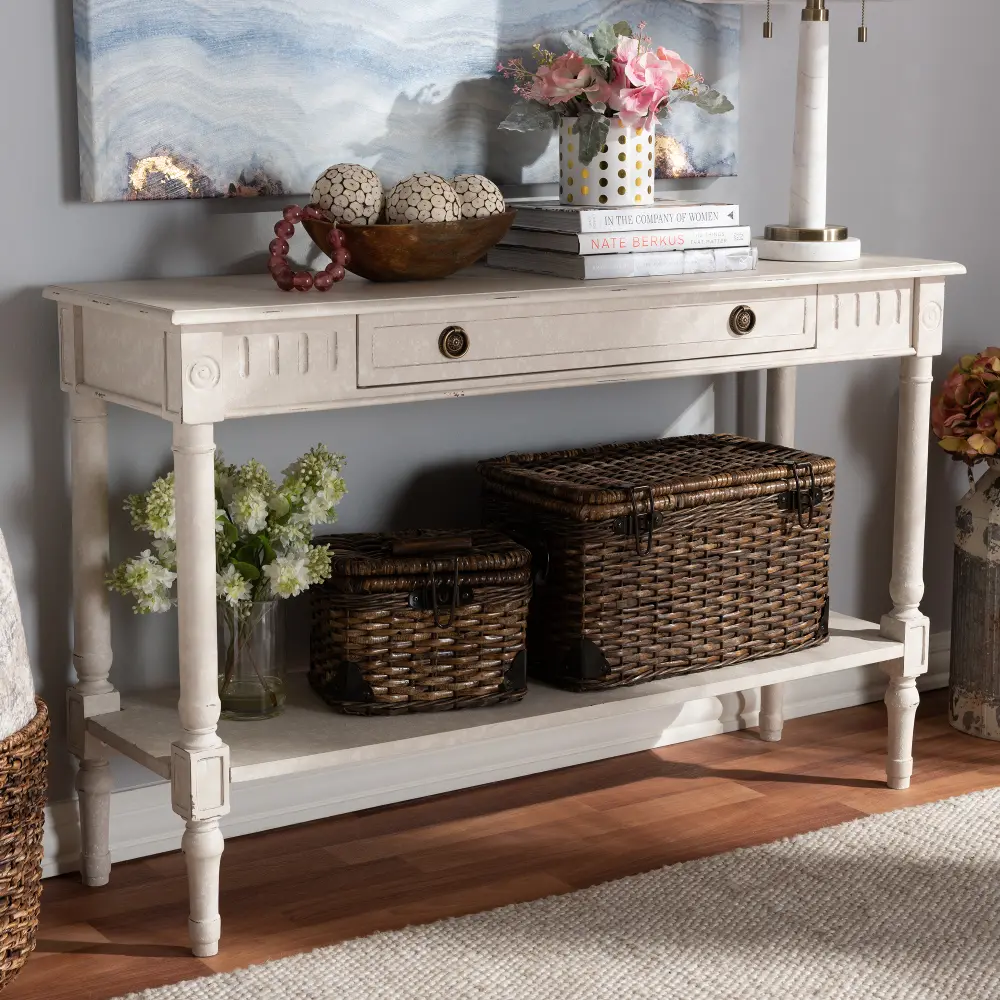 147-8190-RCW Country Cottage Whitewashed 1-Drawer Console Table - Ariella-1