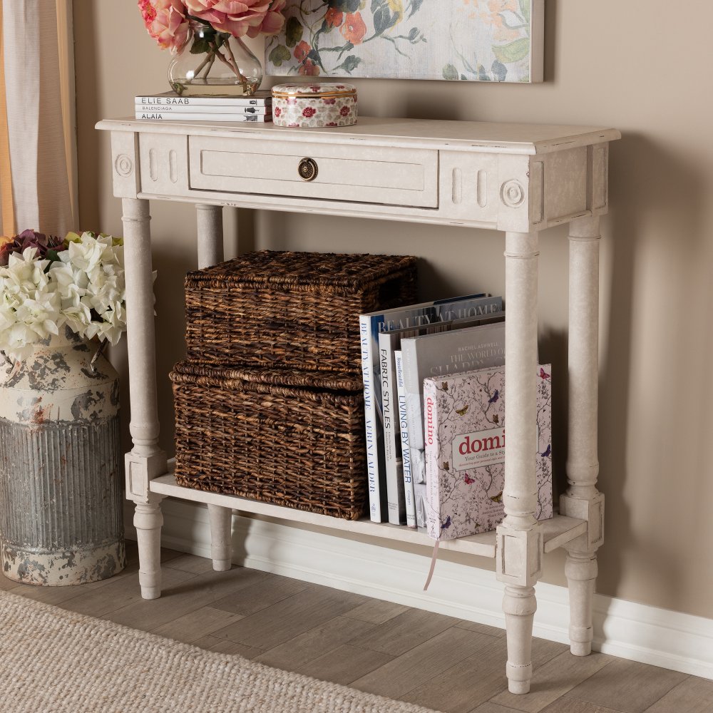 Country Cottage Whitewashed 1-Drawer Console Table - Ariella