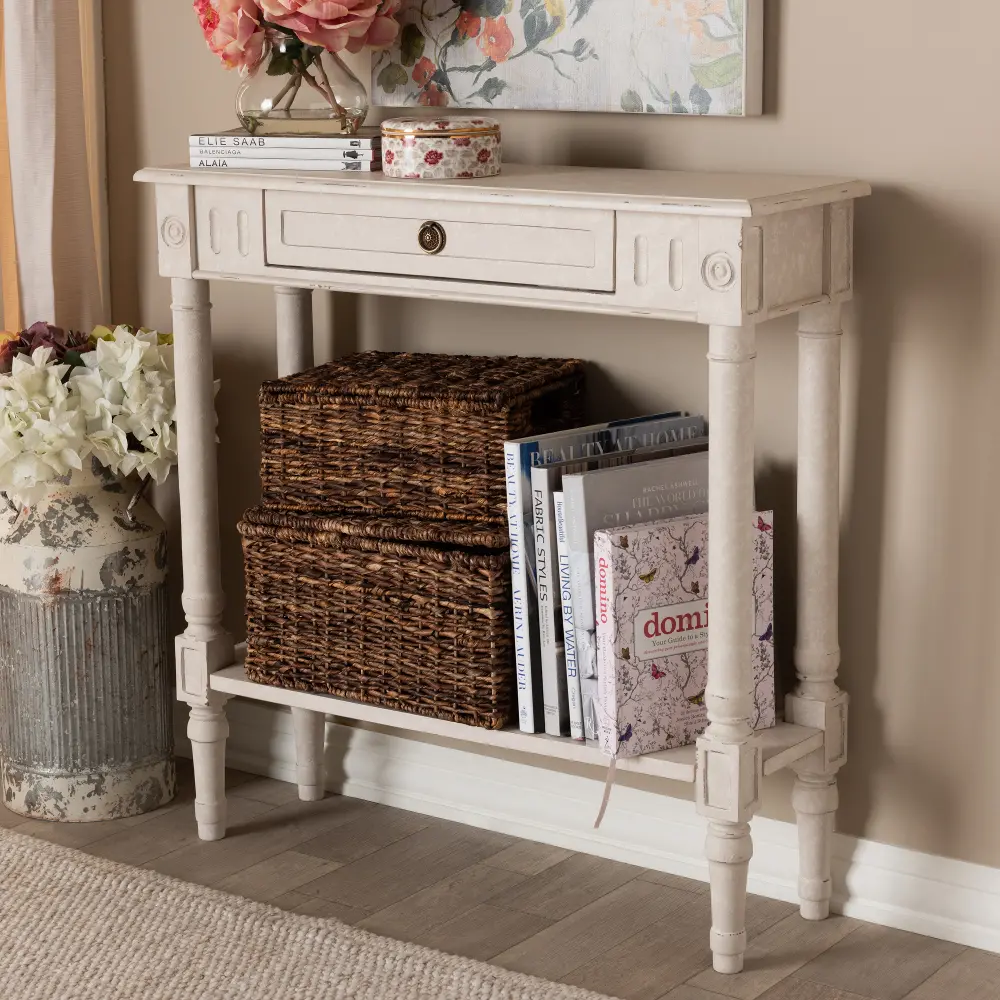 147-8188-RCW Country Cottage Whitewashed 1-Drawer Console Table - Ariella-1