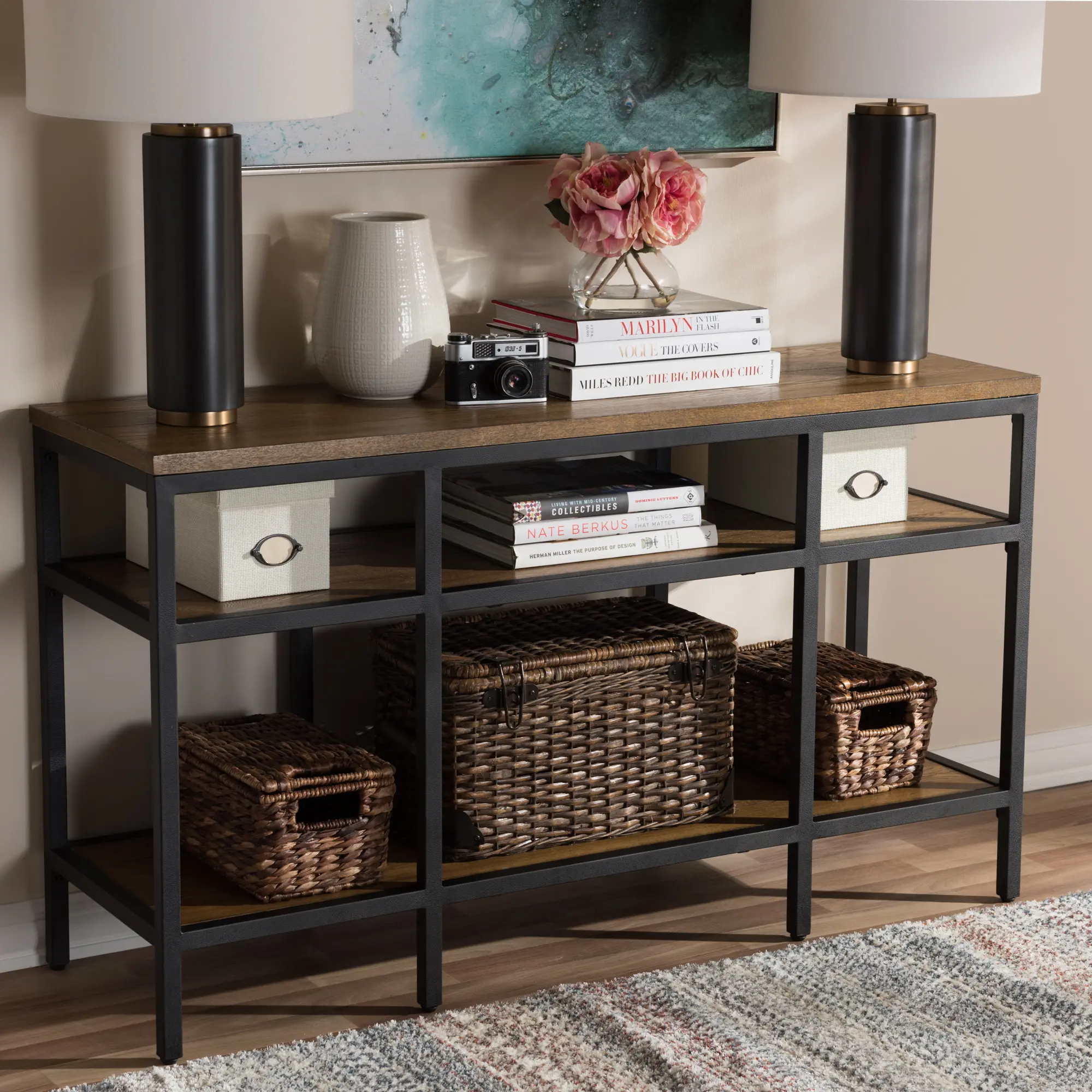 Rustic Industrial Brown and Black Console Table