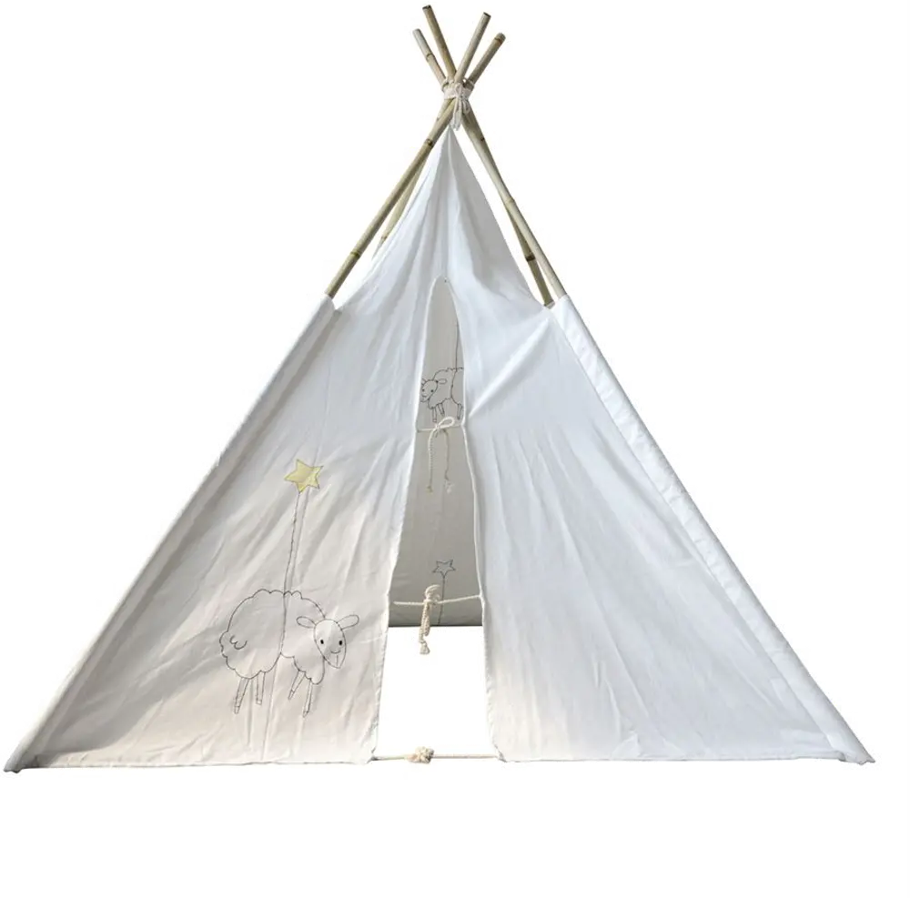 DA9025 White Canvas Teepee With Embroidered Sheep And Poles-1