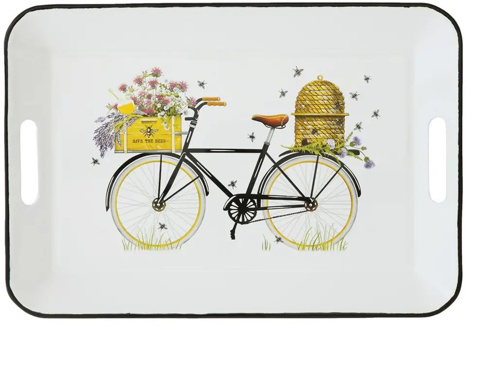 DA9196/BEE/BICCL/TRY Bicycle and Bees Enamel Tray With Cut Out Handles-1