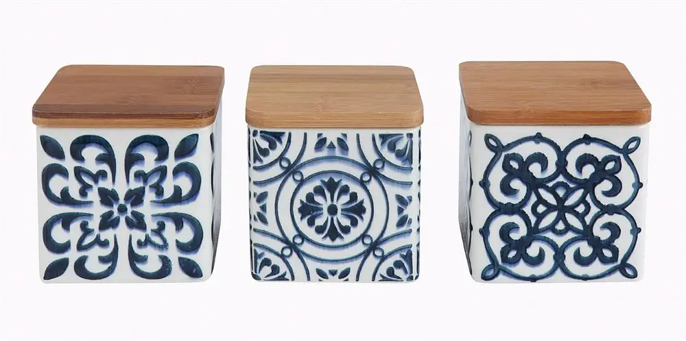 DA9663A-A/3-IND Assorted Blue and White Stoneware Canister With Bamboo Lid-1