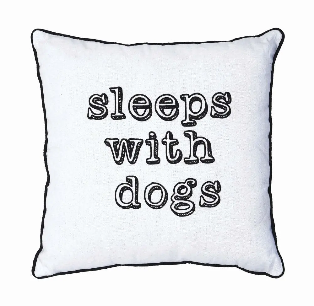 DA4638/SLEEPSWDOGS White and Black Sleeps With Dogs Square Throw Pillow-1