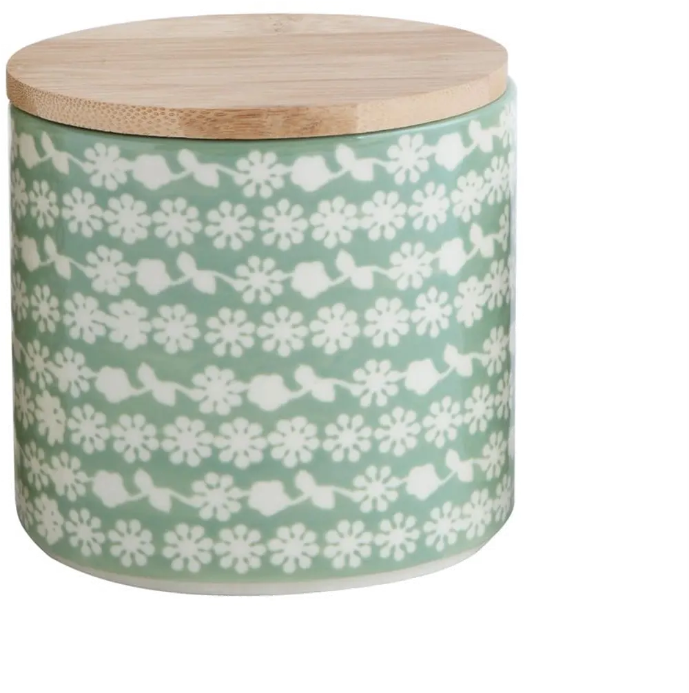 DA9423/STONWARECNTNR Mint Green Stoneware Canister With Bamboo Lid And Flower Pattern-1