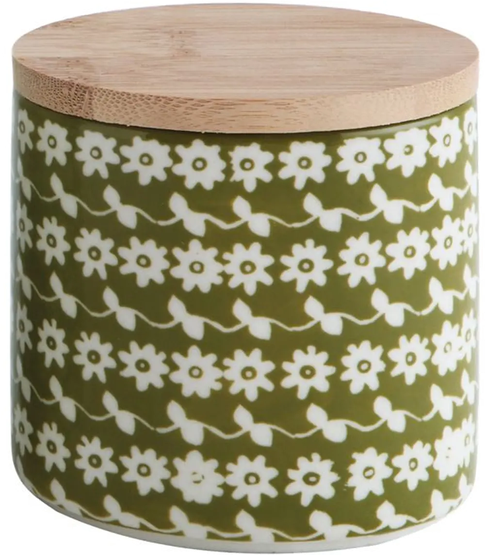 DA9422/GRNCONTANR Green Stoneware Canister With Bamboo Lid And Flower Pattern-1